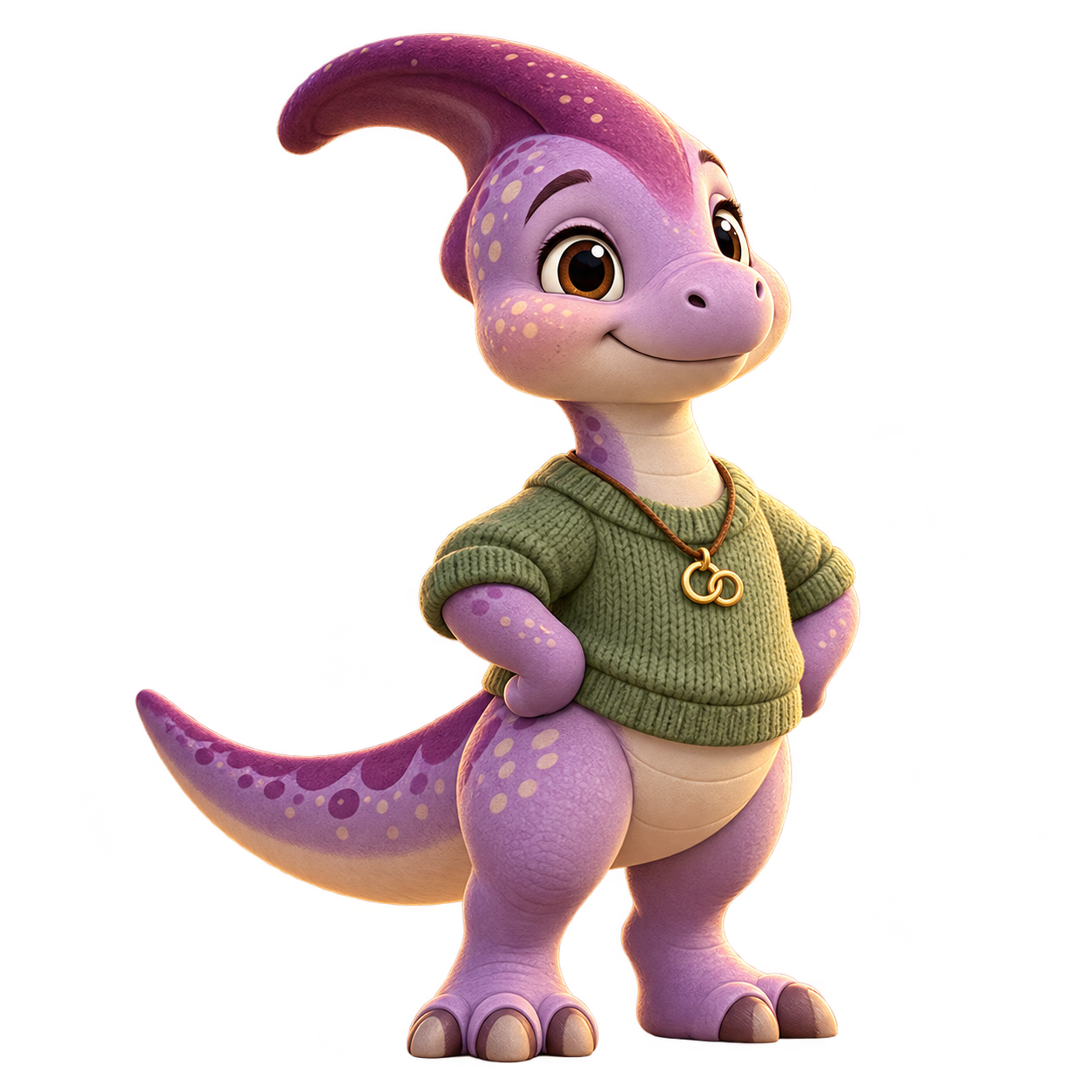 Ben, parasaurolofo lilás usando suéter verde e pingente de elos.