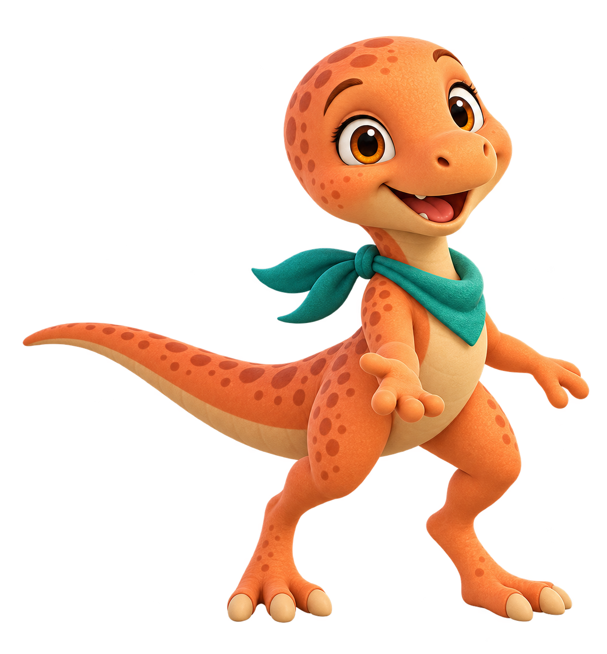 Maya, velociraptor coral com lenço azul-petróleo e postura encorajadora.