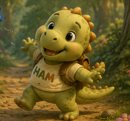 Hammy caminhando sorridente pela floresta, com os braços abertos.